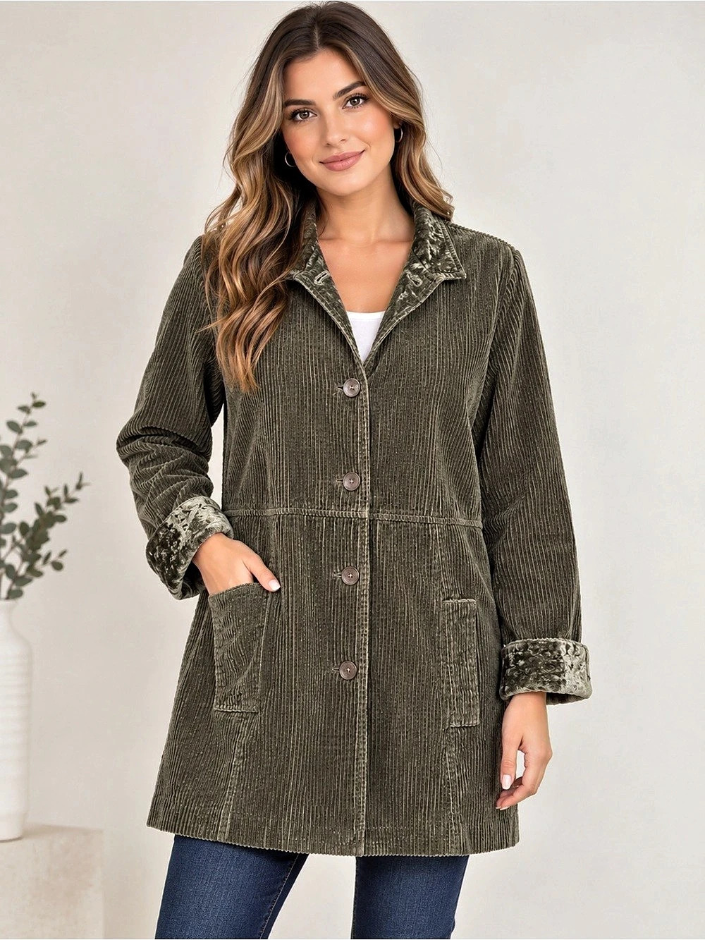 J.Jill Wide-Wale Corduroy Velvet-Trim Jacket Green Size Small